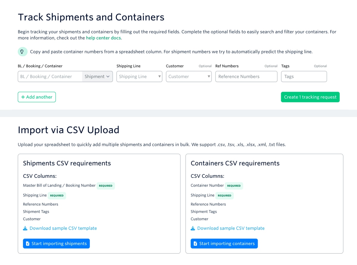 Terminal49 dashboard showing tracking number upload interface